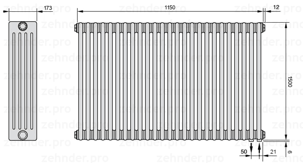 Схема (чертеж) Радиатор Zehnder Charleston 5150/25 №5510 Белый глянцевый RAL 9016